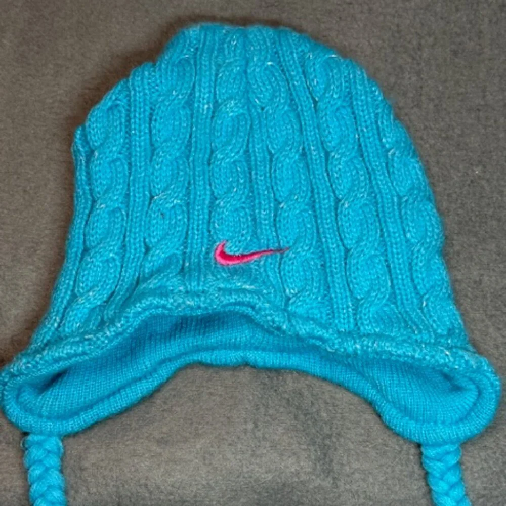 Nike Toddler Knit Winter Hat Blue Ear Flap Beanie Tassel Pom 100% Acrylic OS